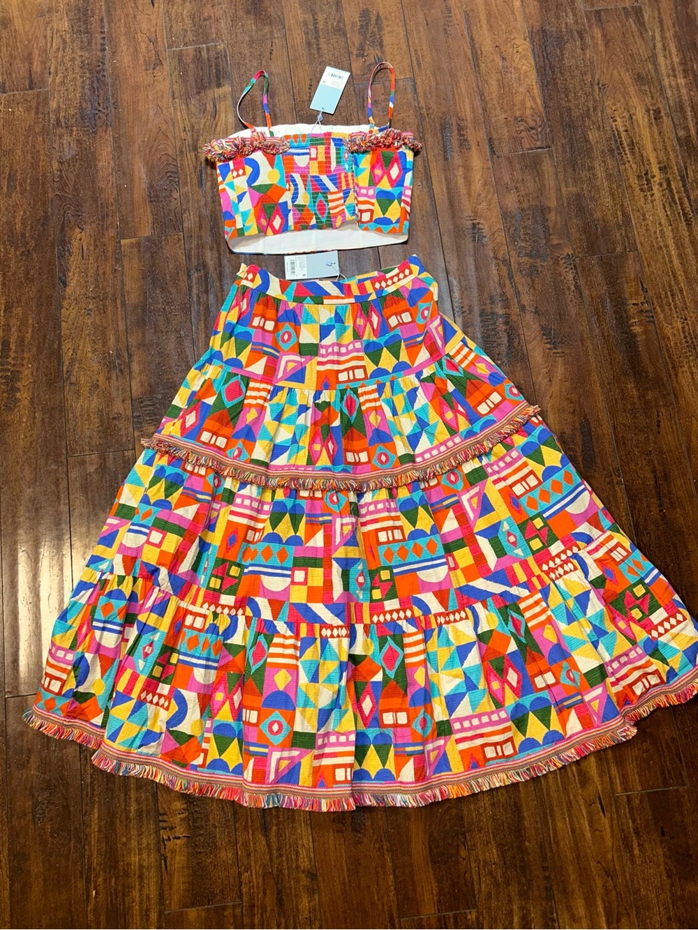NWT ΑΝΤΟΝΙΟ MELANI Giuliana Geometric Fringe Hem Cotton A- Line Skirt and Top - Picture 5 of 8